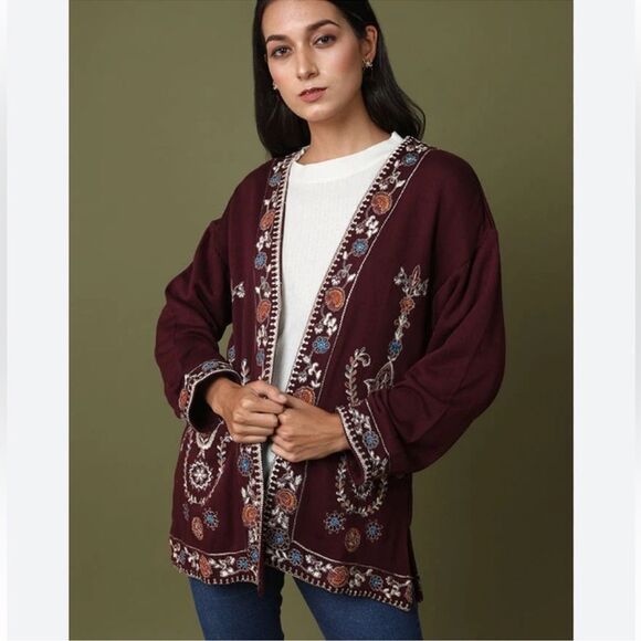 Soft Surroundings Embroidered Maroon Open Front Cardigan Size Medium - Picture 3 of 15